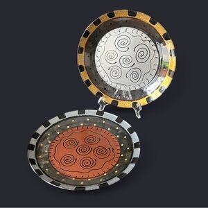 (2) Vintage Art Deco MCM Kay Young Handpainted Artisan Plates 9" Arcoroc Glass